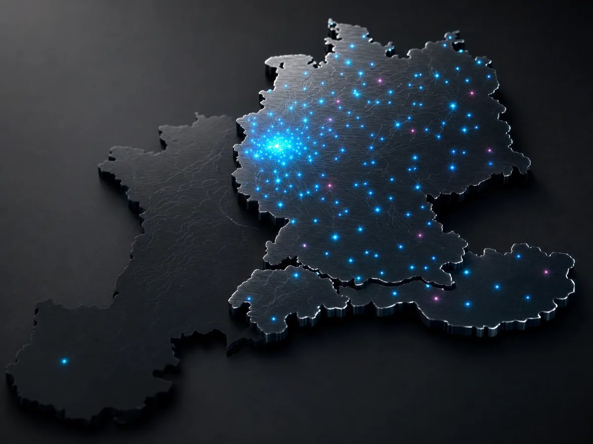Reliefkarte von Deutschland, Österreich und der Schweiz mit leuchtenden Standortpunkten – das Einzugsgebiet von bbfdesign, mit einem Ausläufer nach Westeuropa