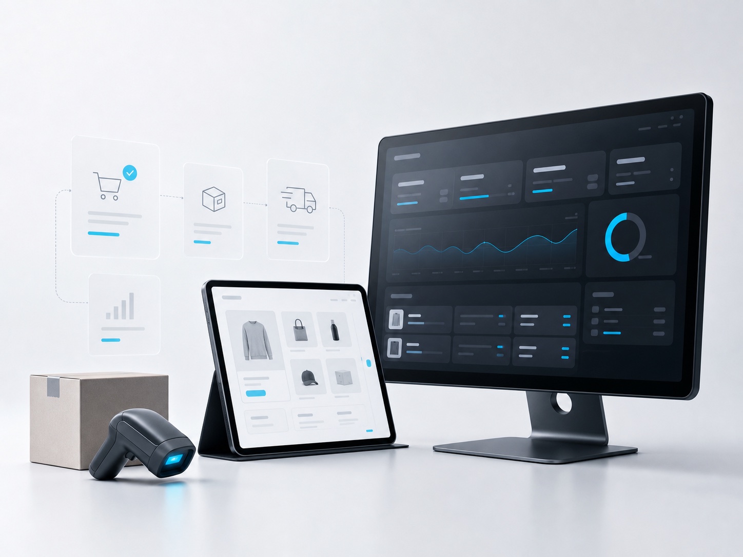JTL-Systemüberblick: Dashboard am Monitor, Shop-Ansicht auf dem Tablet, Versandkarton und Barcode-Scanner – Prozesse vom Bestelleingang bis zum Versand
